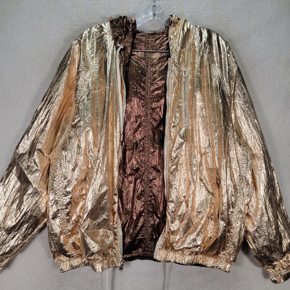 BLANK NYC Reversible Copper Gold Hooded Metallic Good Vibrations Bomber Jacket - Picture 12 of 16